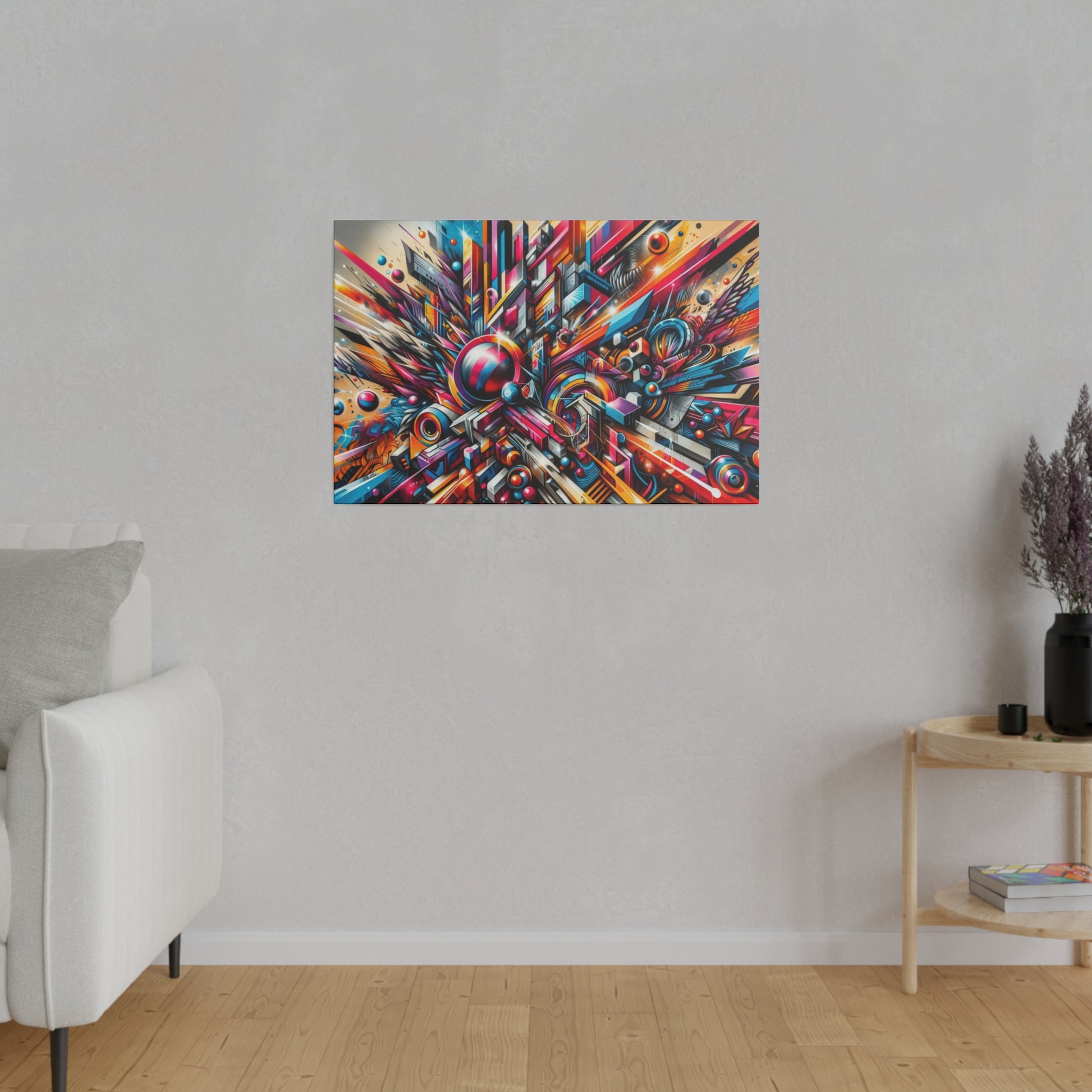 Abstract, vivid geometric painting with bright reds, blues, and yellows on a light gray wall in a minimalist living room.