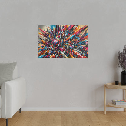 Abstract, vivid geometric painting with bright reds, blues, and yellows on a light gray wall in a minimalist living room.