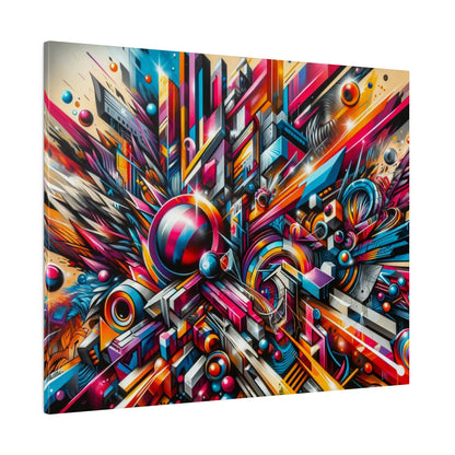 Abstract geometric mural with vibrant pink, blue, orange shapes and spheres exploding from a central hub.