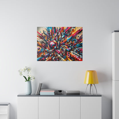 Abstract colorful geometric painting hung above a white sideboard with a pale blue vase of white flowers, books, and a yellow lamp.