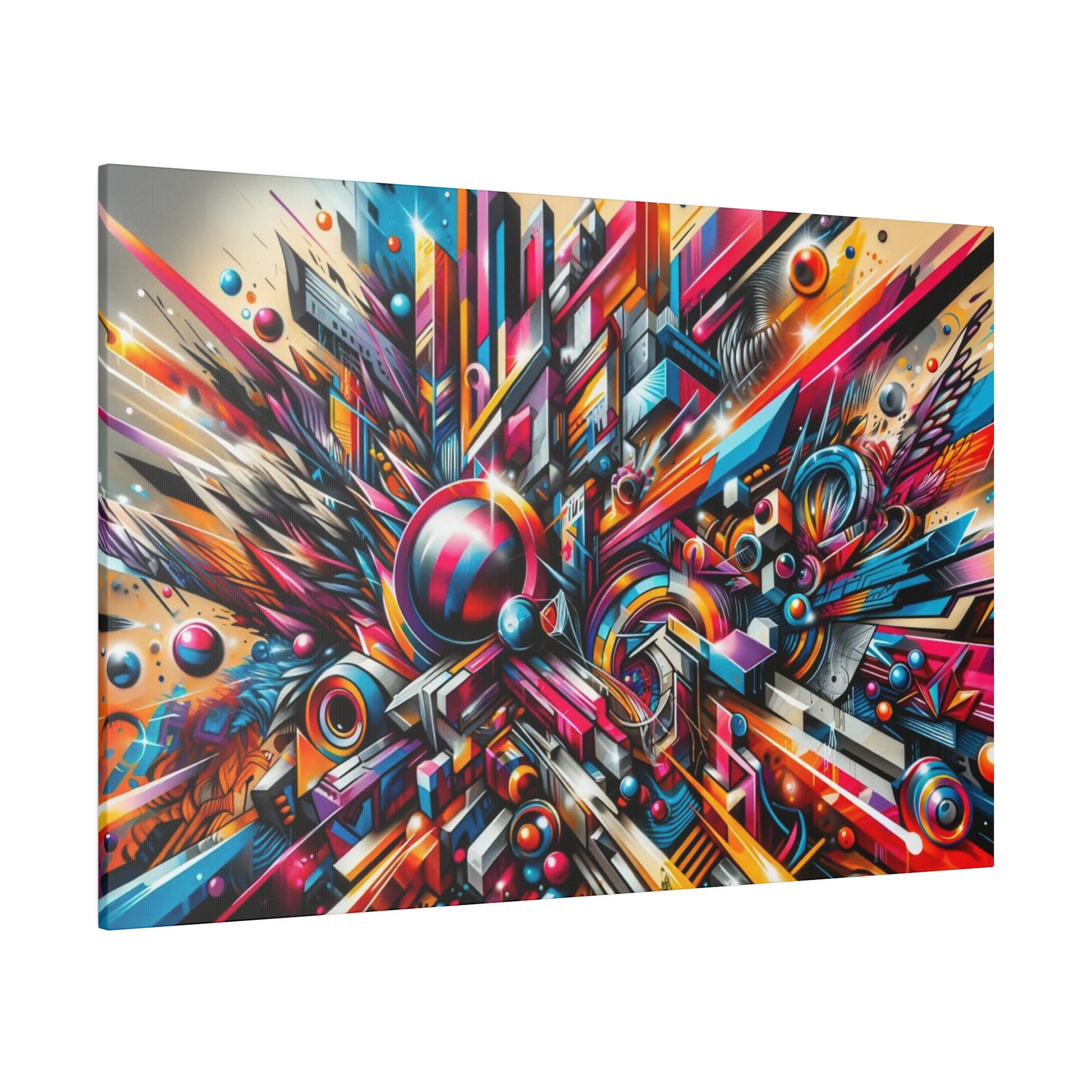 Colorful abstract graffiti-style artwork on canvas featuring geometric shapes, spheres, and dynamic lines in vibrant hues.