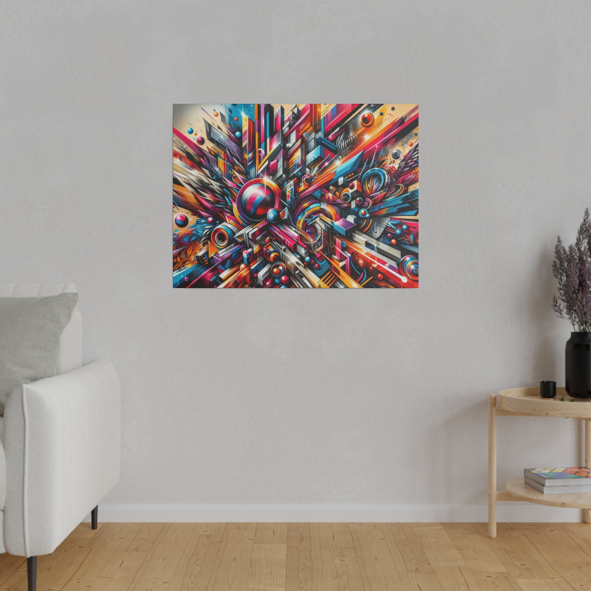 Abstract, multicolored geometric painting on a light gray wall above a white sofa in a living room.