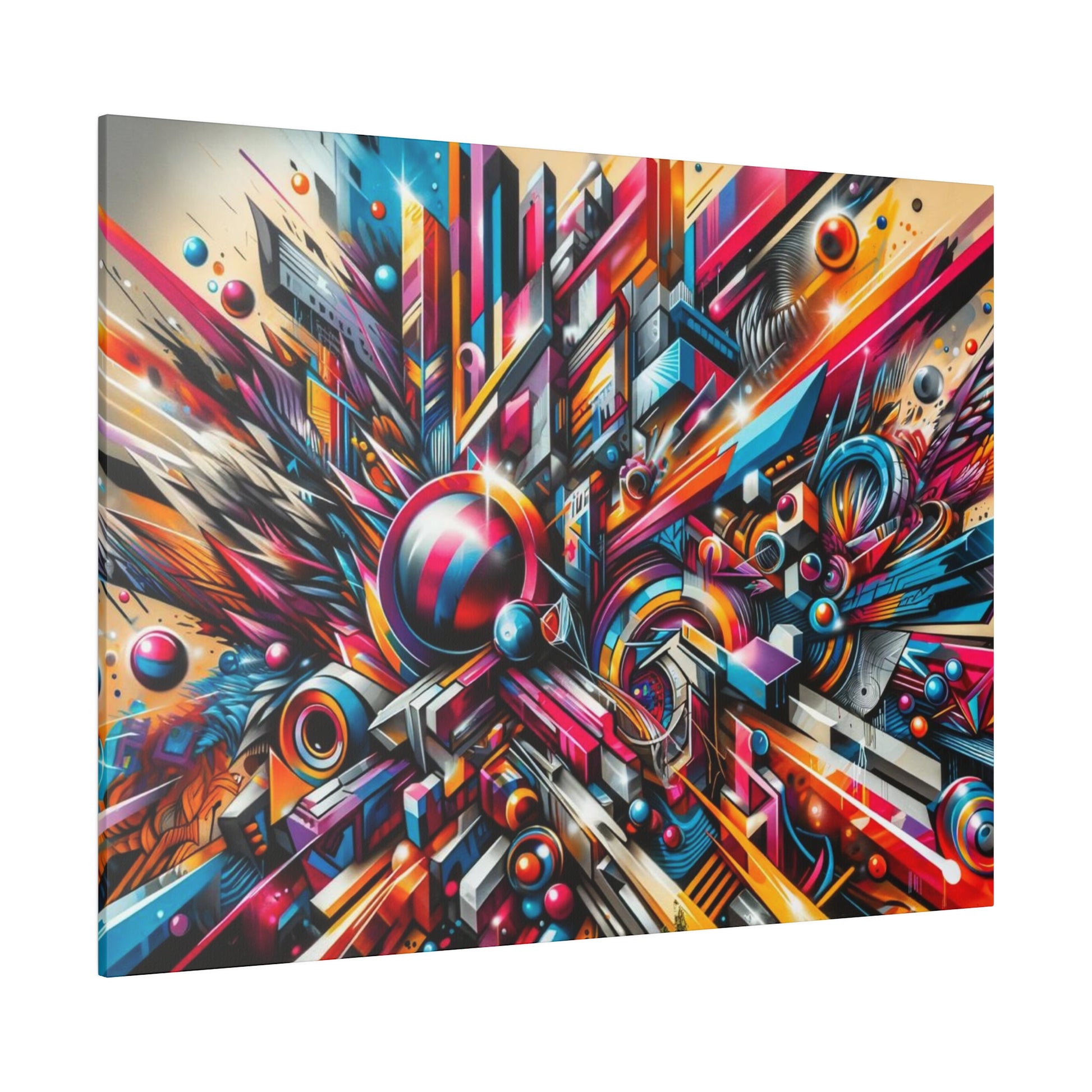 Abstract graffiti-style painting with vivid reds, blues, and yellows, featuring angular geometric shapes bursting from the center.