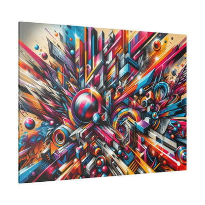 Abstract graffiti-style painting with vivid reds, blues, and yellows, featuring angular geometric shapes bursting from the center.