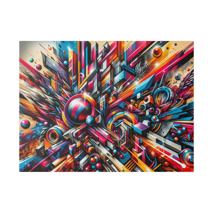 Vibrant abstract mural featuring interlocking geometric shapes, bright colors, and spherical accents.