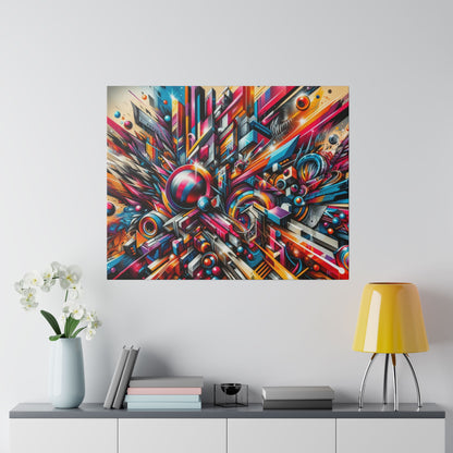 Abstract, geometric wall art with bright, multicolored shapes above a white console featuring a pale blue vase and a yellow lamp.