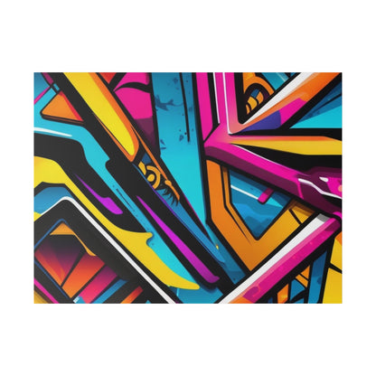 Vibrant abstract graffiti with bold pink, yellow, blue, and orange geometric shapes overlapping on a wall.