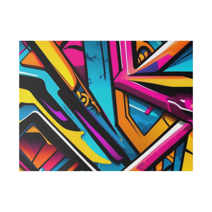 Vertical close-up of a vibrant abstract graffiti mural with pink, orange, blue, and yellow geometric shapes.
