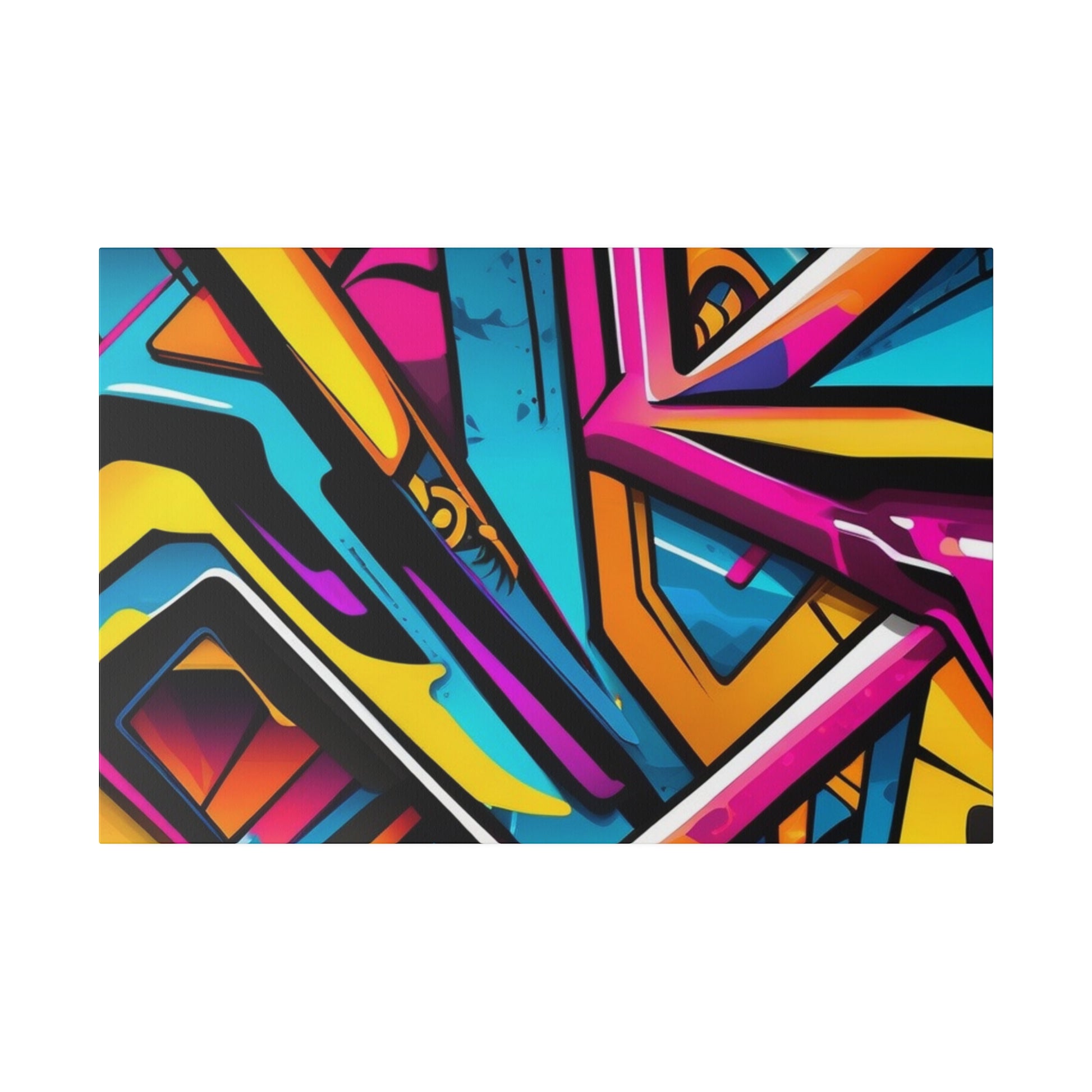 Abstract graffiti-style mural with bright geometric shapes in blue, pink, yellow, and orange on a rectangular canvas.