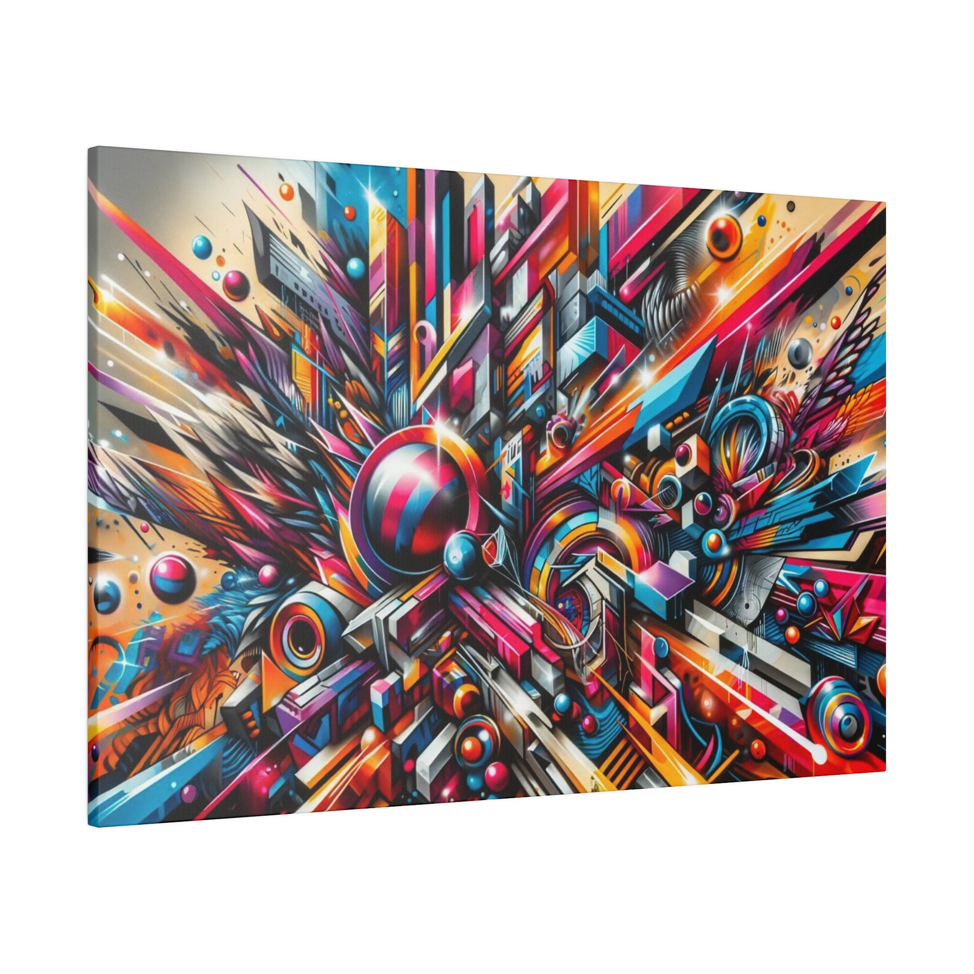 Abstract graffiti-style canvas featuring a bright explosion of colorful geometric shapes, spheres, and bursts.