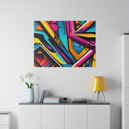 Colorful abstract graffiti-style painting on the wall above a white sideboard with a yellow table lamp and a vase of white flowers.