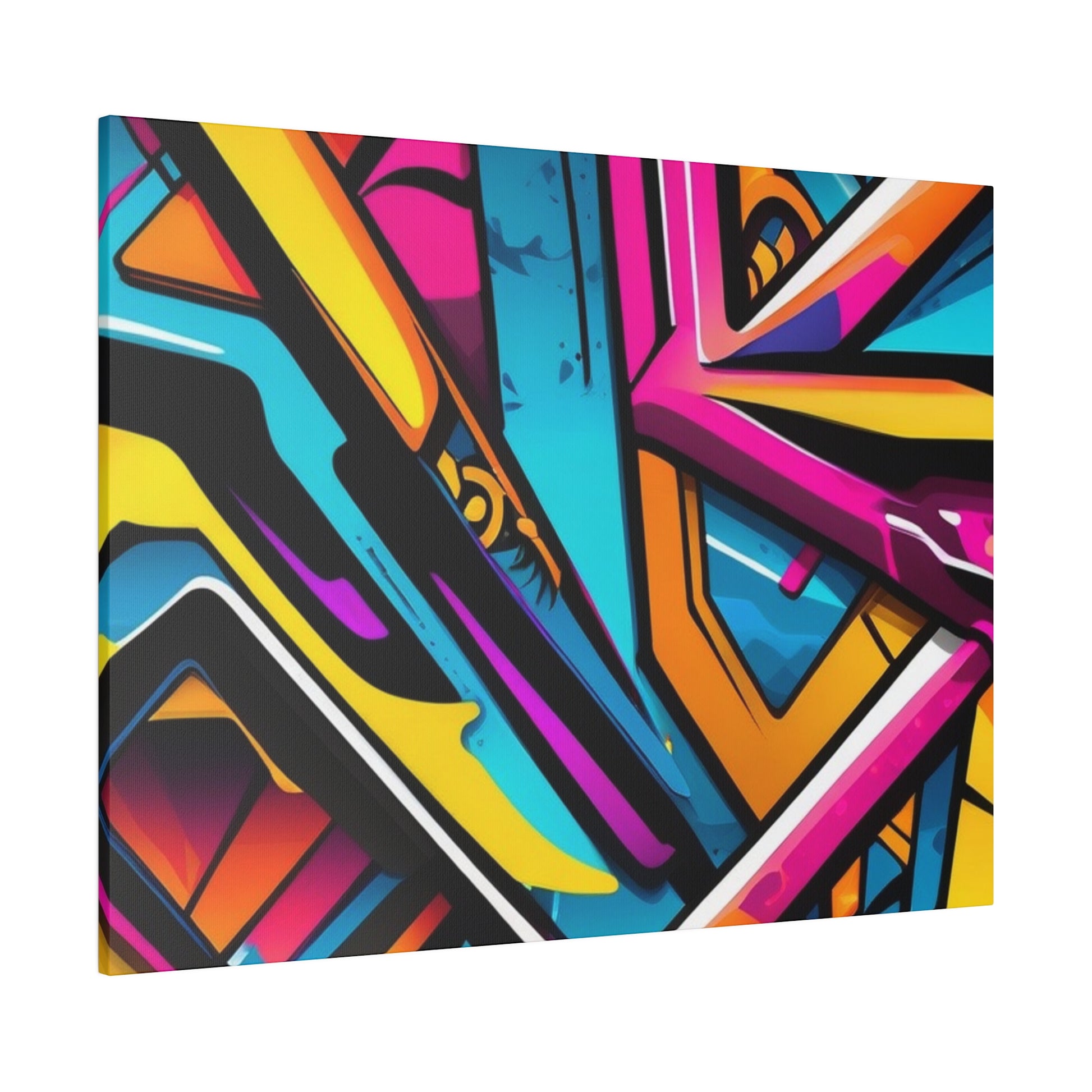 Abstract graffiti artwork on canvas with bright yellow, pink, blue, orange, and black geometric shapes.