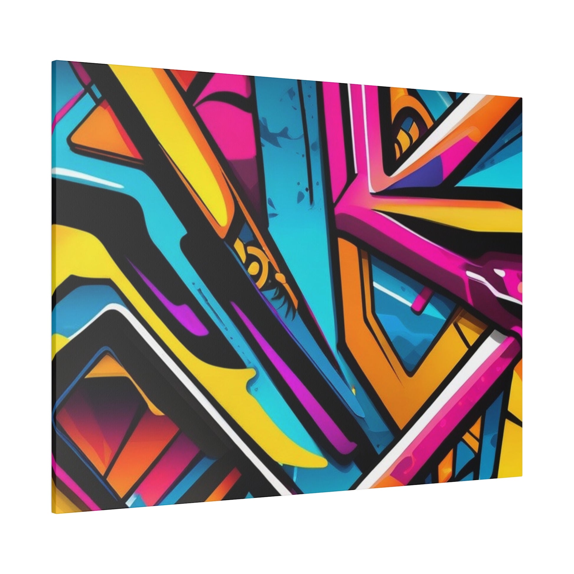 Abstract graffiti artwork on canvas featuring bright orange, pink, yellow, blue, and black geometric shapes.