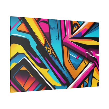 Abstract graffiti-style canvas print featuring bright yellow, blue, pink, and orange geometric shapes.