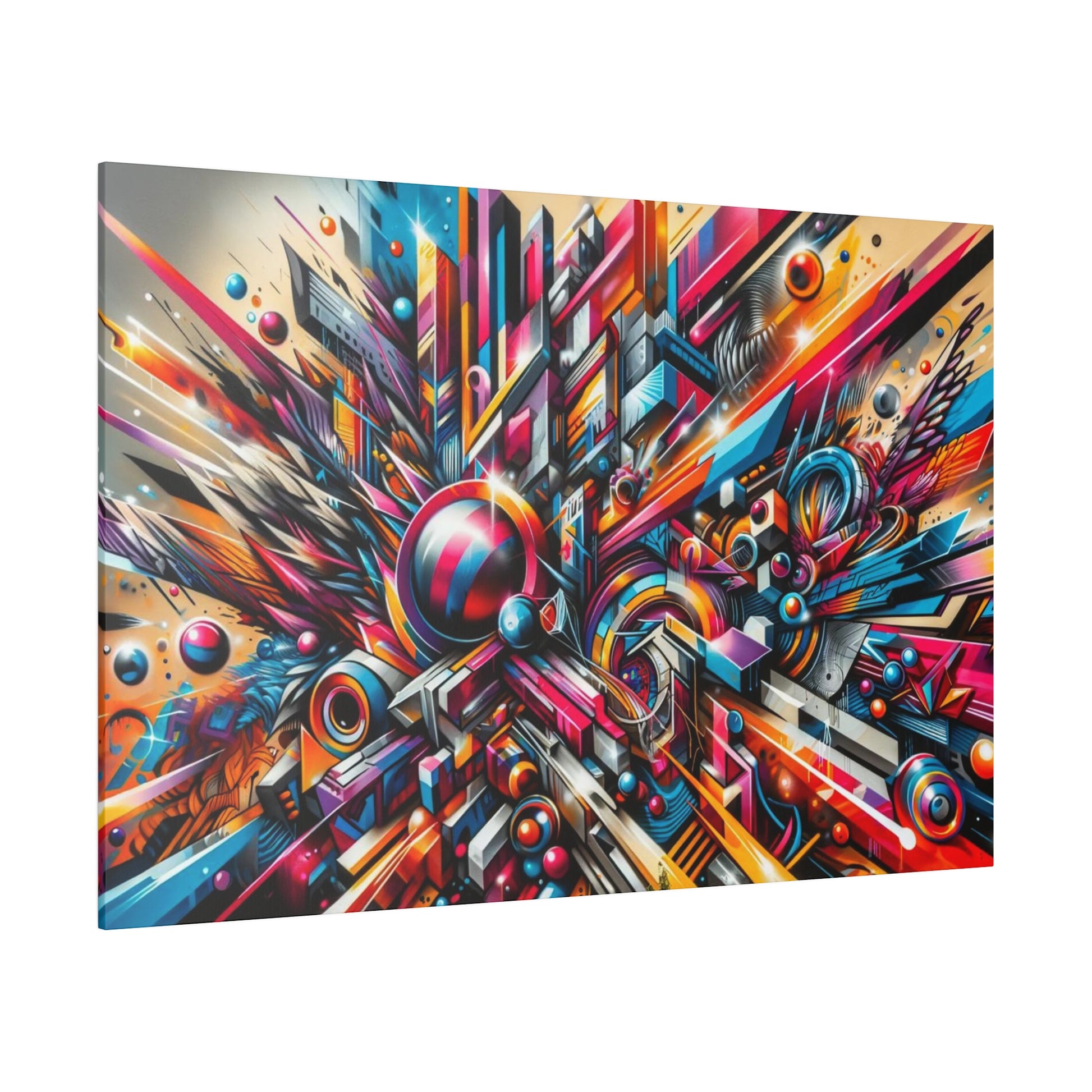Colorful abstract geometric explosion painting on a rectangular canvas, with vibrant shapes, lines, and orbs.