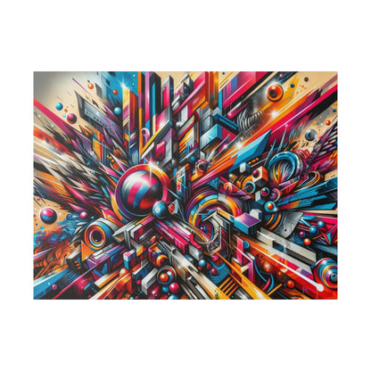 Abstract geometric cityscape painting with bright pink, blue, orange shapes and sharp angular lines.