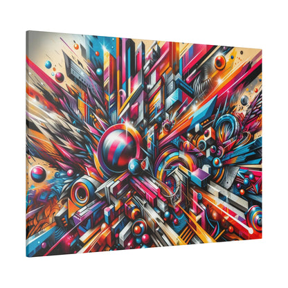 Abstract colorful geometric graffiti painting on a stretched canvas, featuring bright orange, blue, pink, and purple shapes.