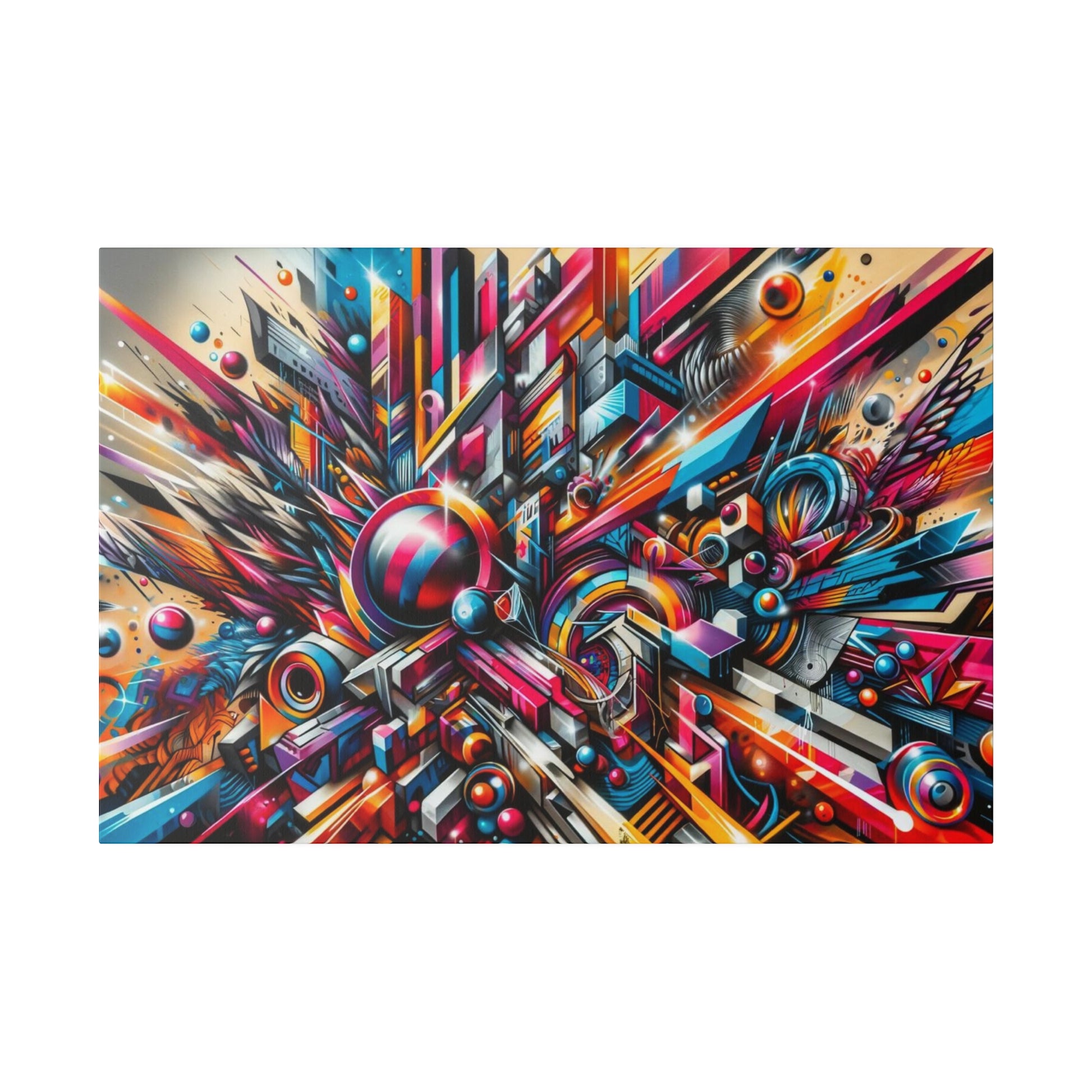 Rectangular canvas featuring a bright abstract geometric mural with vivid pink, blue, and orange shapes and metallic accents.