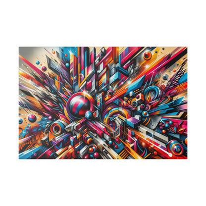 Rectangular canvas featuring a bright abstract geometric mural with vivid pink, blue, and orange shapes and metallic accents.
