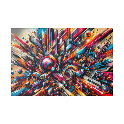 Colorful abstract geometric artwork featuring angular cityscape shapes, spheres, and burst lines in red, blue, yellow.