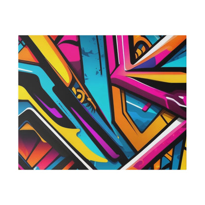 Abstract graffiti-style painting on canvas featuring bold, colorful geometric shapes in yellow, pink, blue.