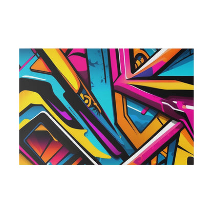 Colorful abstract graffiti mural on a rectangular canvas, featuring bold shapes in yellow, pink, blue, and orange.