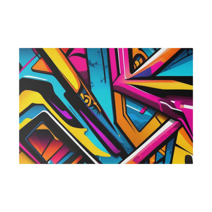 Abstract graffiti art featuring bold geometric shapes in yellow, pink, cyan, orange, and black on a horizontal canvas.