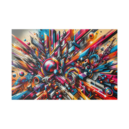 Colorful abstract graffiti-style artwork featuring sharp geometric shapes, orbs, and a central explosive cluster of vibrant colors.