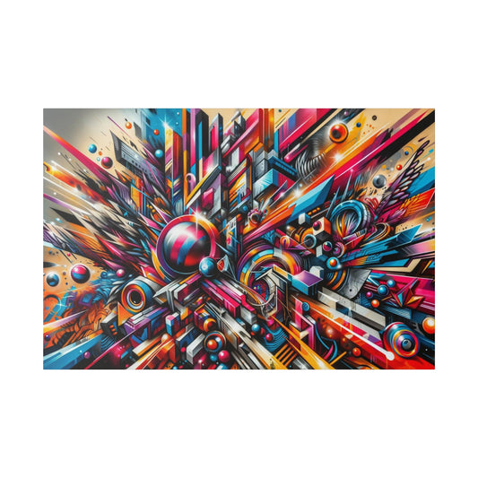 Colorful abstract graffiti-style artwork featuring sharp geometric shapes, orbs, and a central explosive cluster of vibrant colors.
