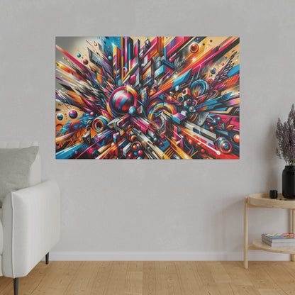 Colorful abstract geometric wall art with reds, blues, and yellows mounted on a light gray wall above a modern living room.