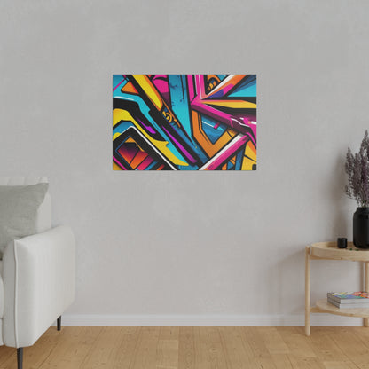 Rectangular abstract painting with bright, multicolored geometric shapes hanging on a gray wall above a wooden floor.