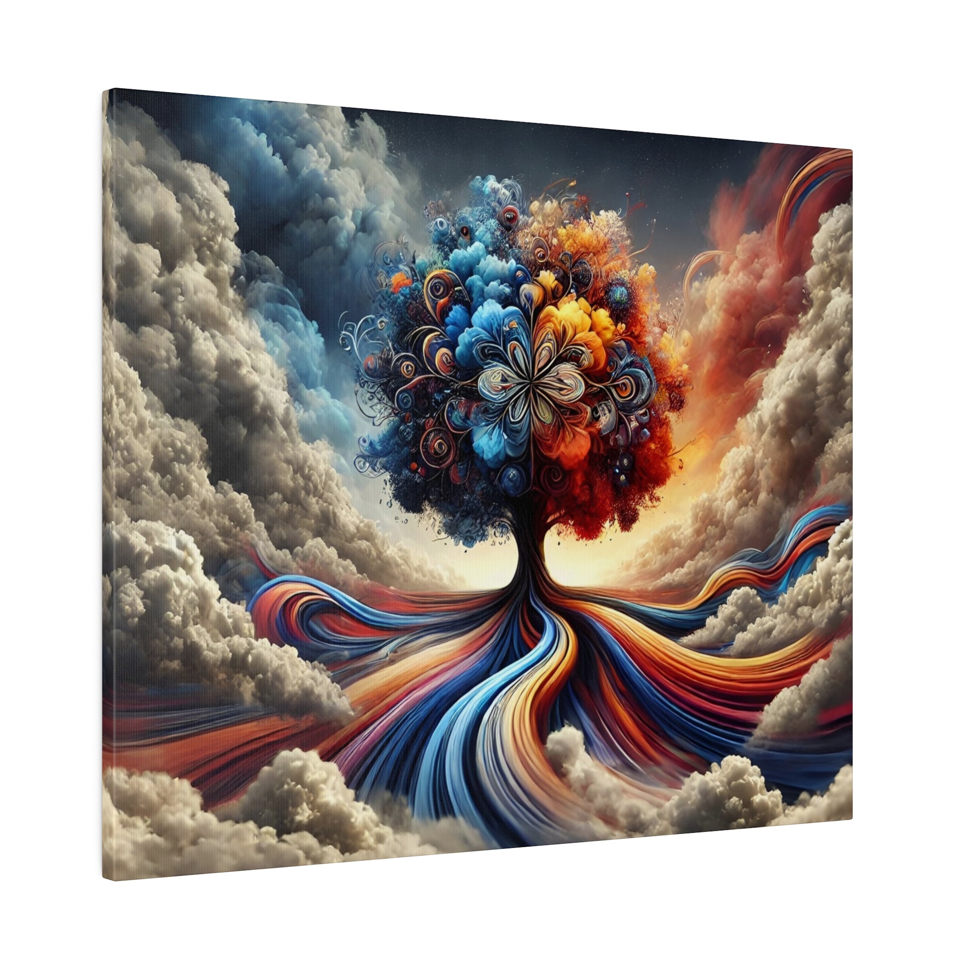 Colorful abstract tree with swirling multicolored roots and blossoms, set among dramatic gray and orange clouds.