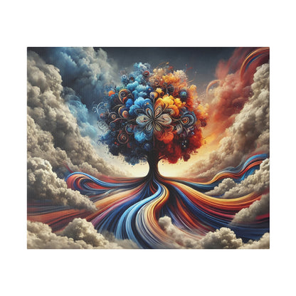 Surreal painting of a vibrant, multicolored tree with swirling ribbon-like roots and dramatic clouds in the background.