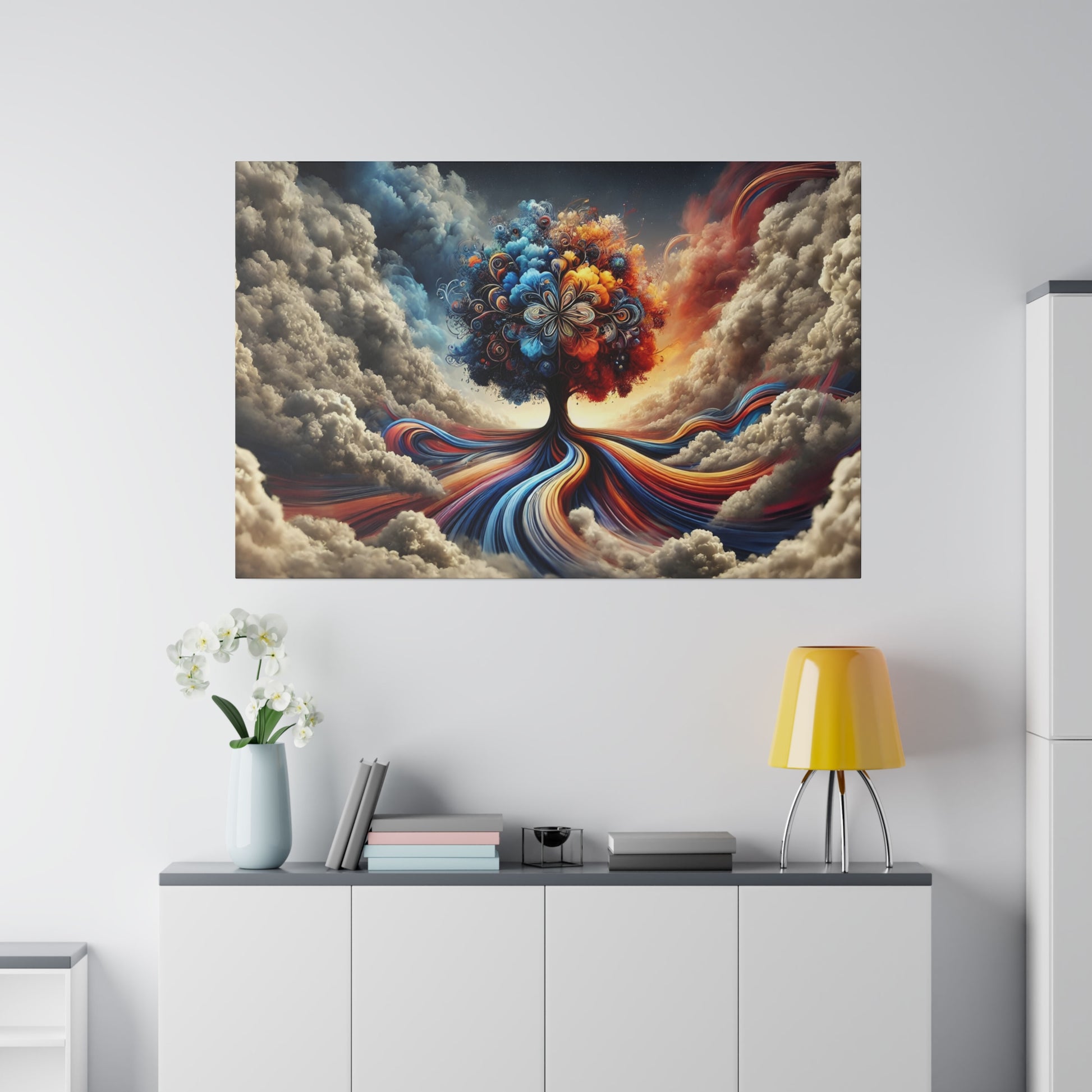 Vibrant surreal painting of a multicolored tree with flowing rainbow roots above a white cabinet in a modern living room.