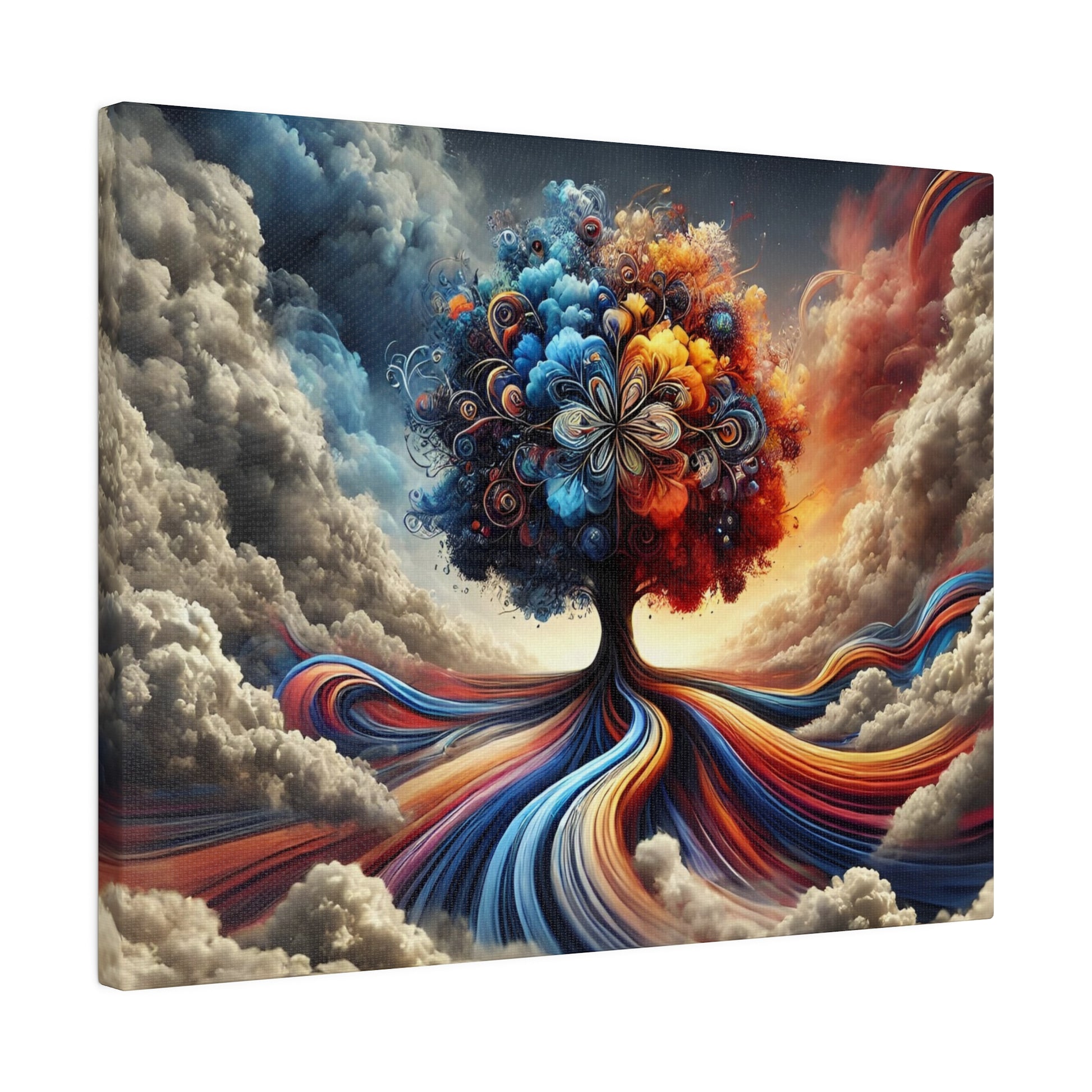 Colorful abstract painting of a tree with swirling blue, orange, and red roots extending through a cloudy sky.