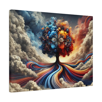 Colorful abstract painting of a tree with swirling blue, orange, and red roots extending through a cloudy sky.