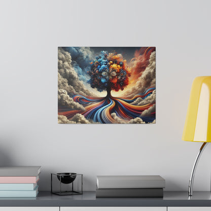 Square painting of a vibrant abstract tree with swirling blue, red and orange roots against a cloudy sky.