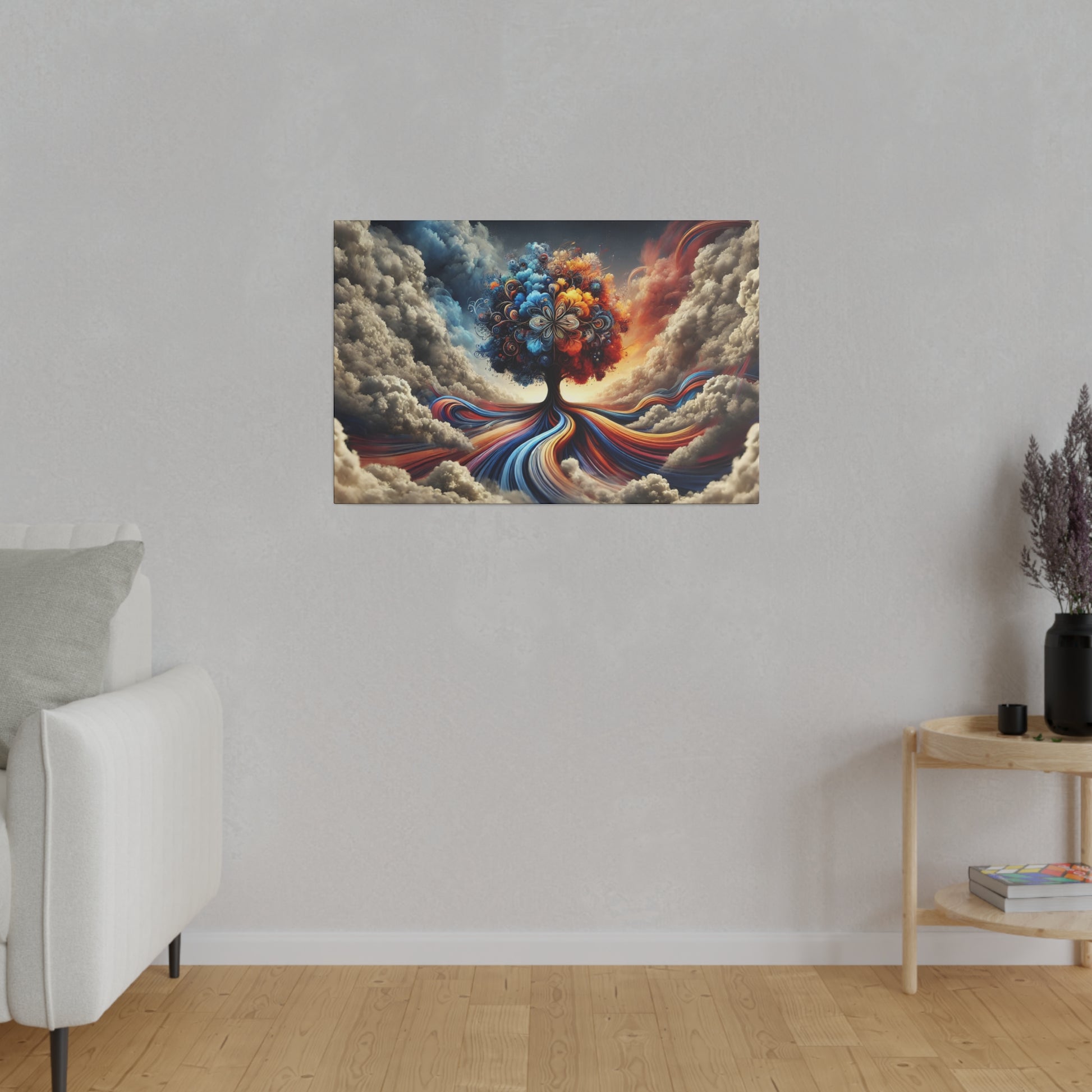 Colorful surreal canvas of a tree with rainbow branches and flowing roots mounted on a light gray wall in a minimalist living room.