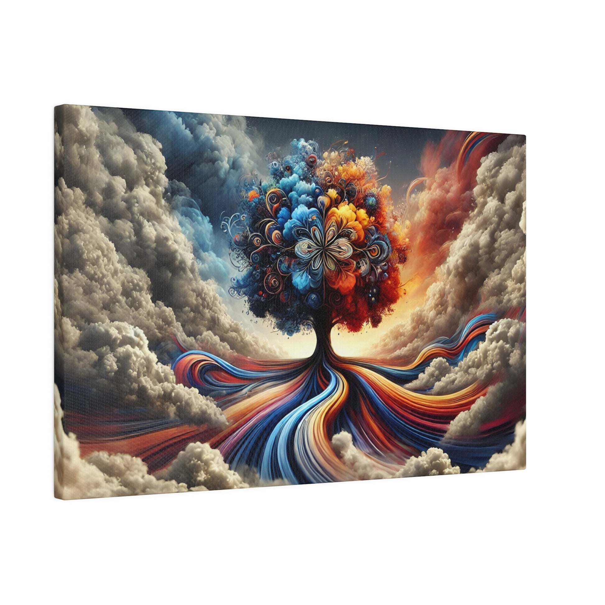 Surreal canvas painting of a vibrant tree with multicolored leaves and flowing rainbow roots against a cloudy sky.