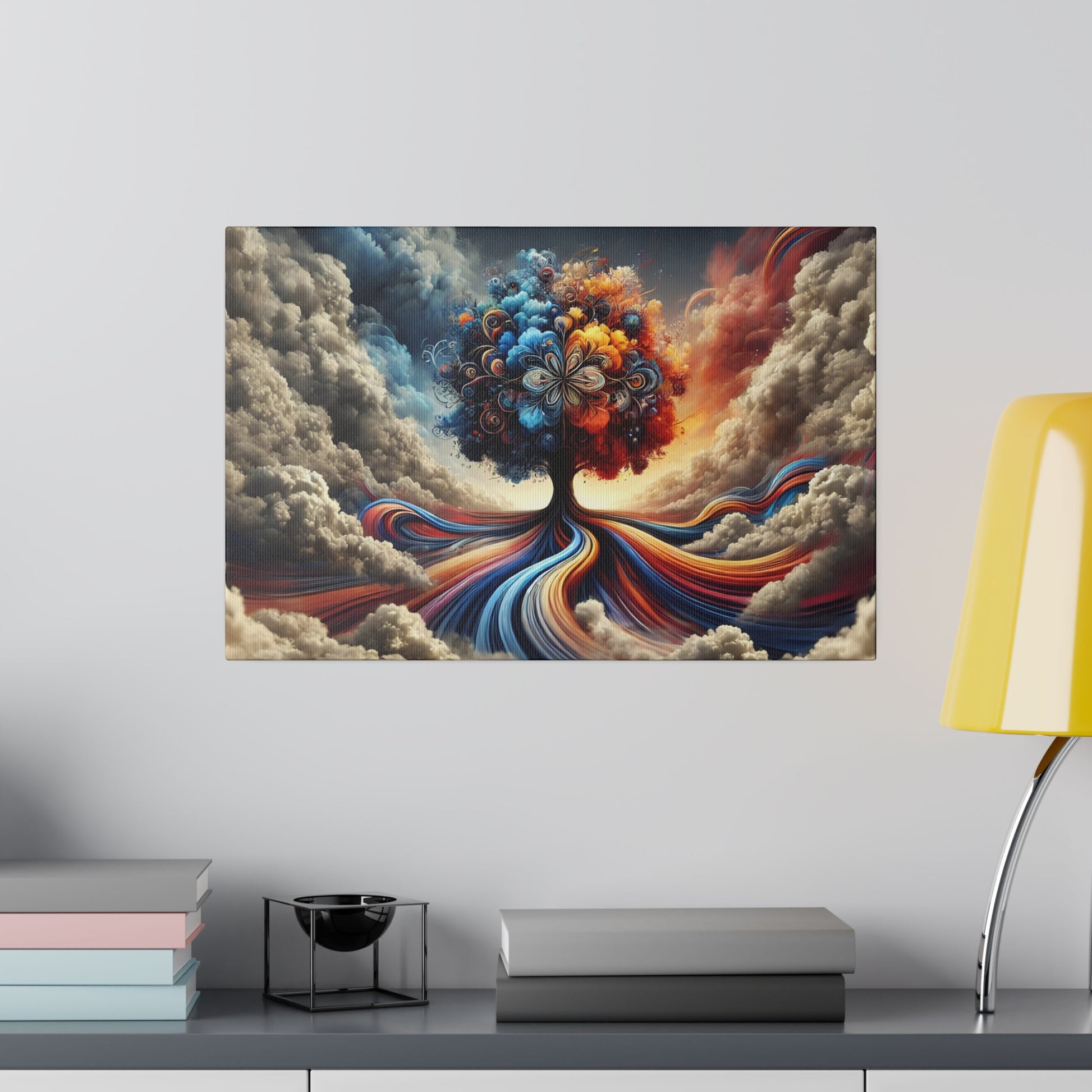 Abstract art print of a colorful tree with swirling ribbons and clouds, centered on a wall.