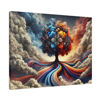 Surreal painting of a vibrant multicolored tree with swirling ribbon-like roots cascading over clouds.