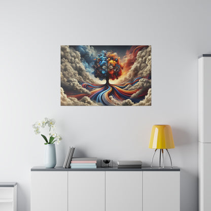 Colorful surreal tree painting with rainbow roots and cloudy sky hangs on a white wall above a white sideboard.