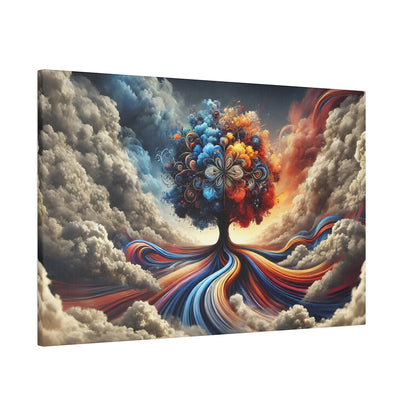 Abstract art print of a vibrant tree with multicolored, swirling branches rising from rainbow streams among gray clouds.