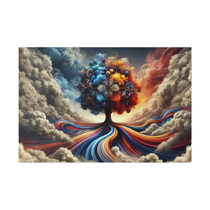Vibrant abstract painting of a tree with multicolored, swirling branches and roots among dramatic clouds.
