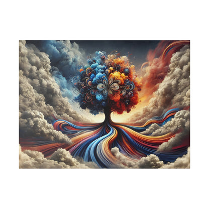Vibrant surreal painting of a multi-colored tree with swirling ribbons of blue, red, and gold against a cloudy sky.