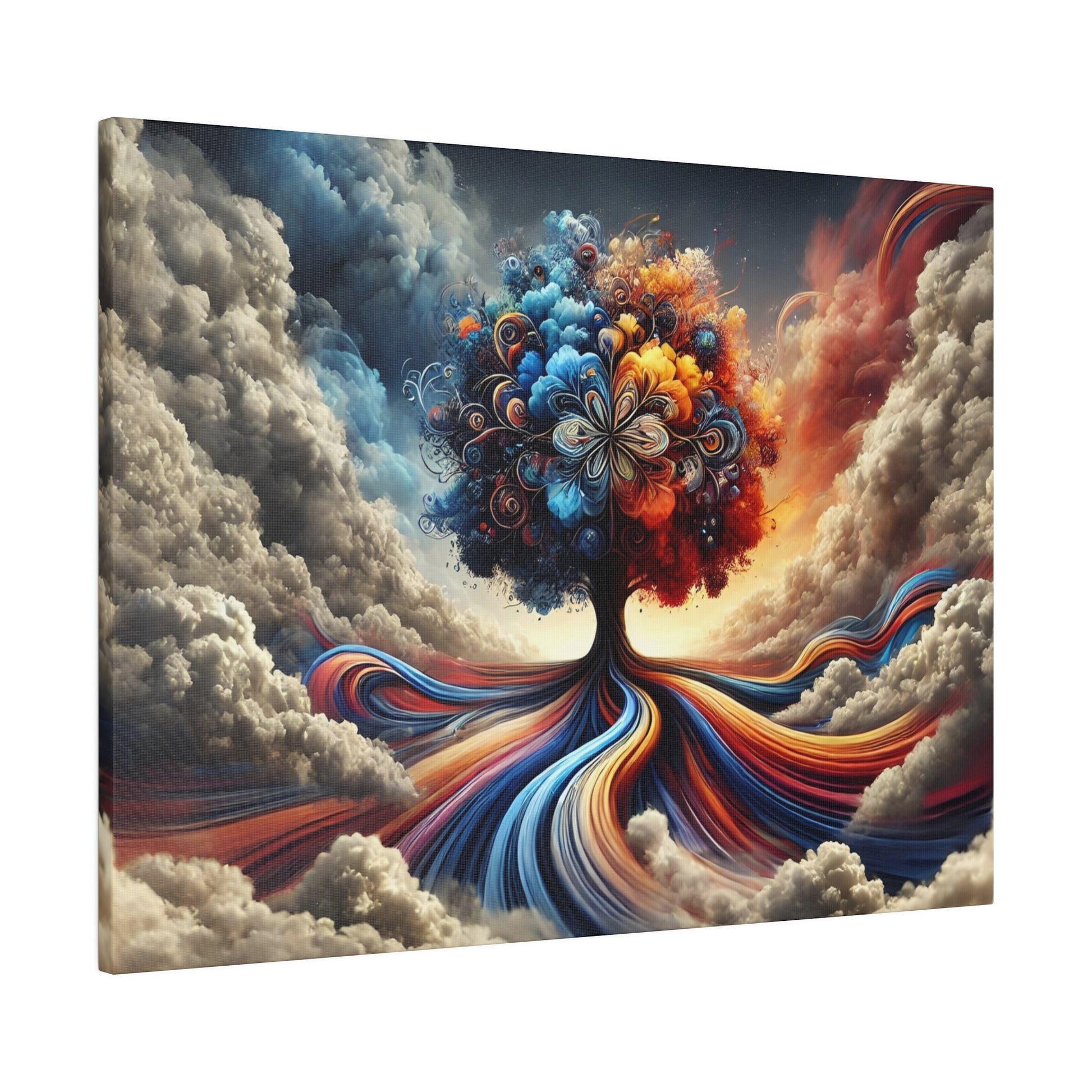 Colorful surreal painting of a tree with a flower-filled canopy and swirling multicolored roots among clouds.