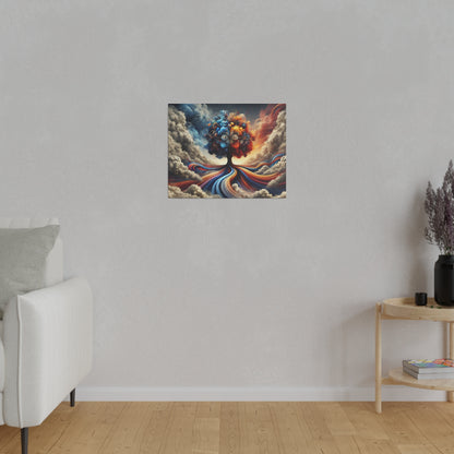 Colorful abstract landscape painting with swirling blue, red and orange tones hung on a light gray wall.
