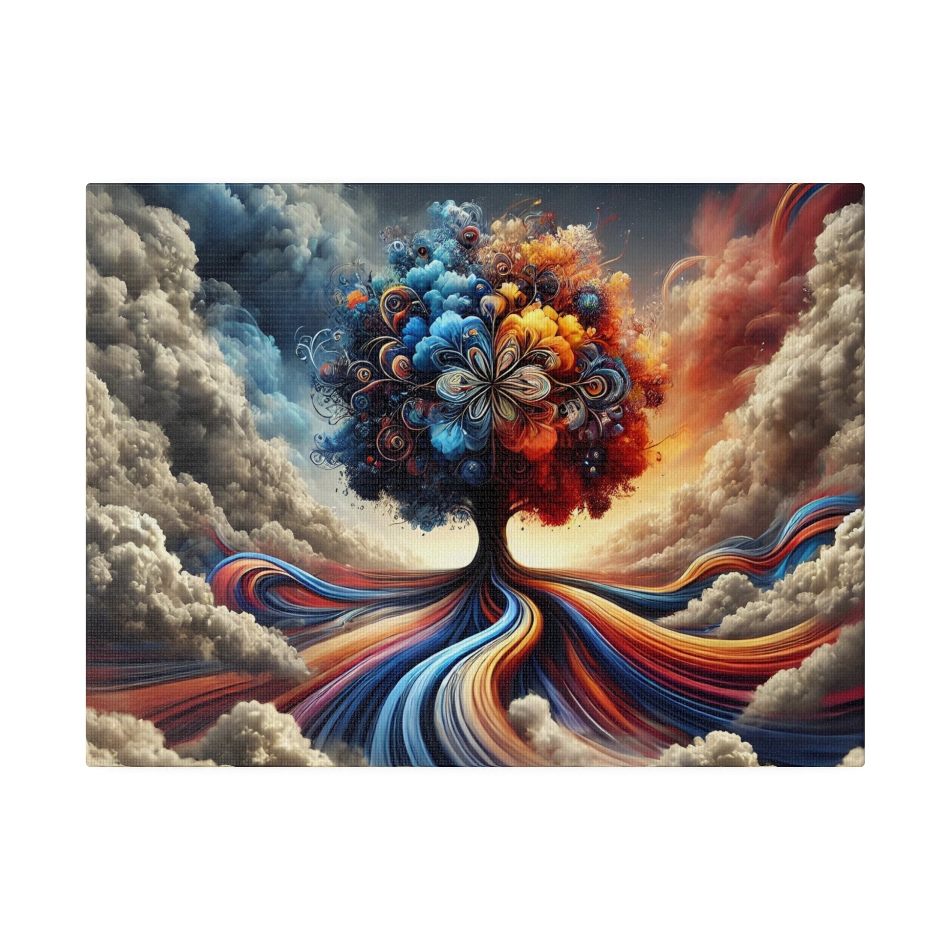 Colorful abstract tree with a swirling multicolor trunk and blossoms, set against a dramatic cloudy sky.