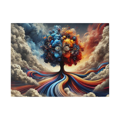 Colorful abstract tree with a swirling multicolor trunk and blossoms, set against a dramatic cloudy sky.