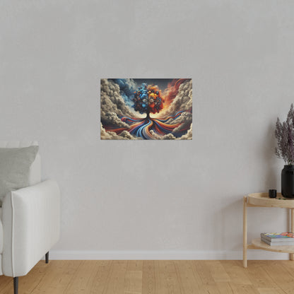 Surreal painting of a colorful tree with swirling roots against a cloudy sky on a light gray wall.